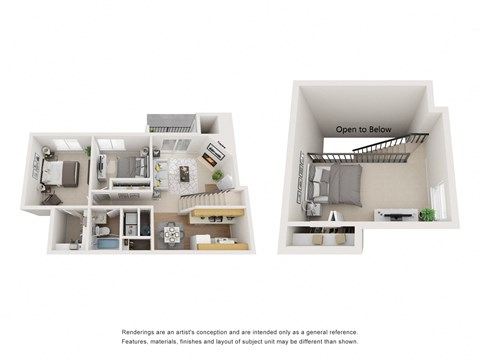 3-D image of a two-bedroom one-bath floor plan
